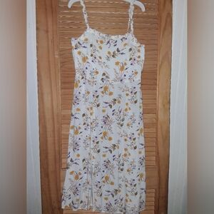 Blue Rain White Floral Midi Dress with Yellow & Purple Blooms